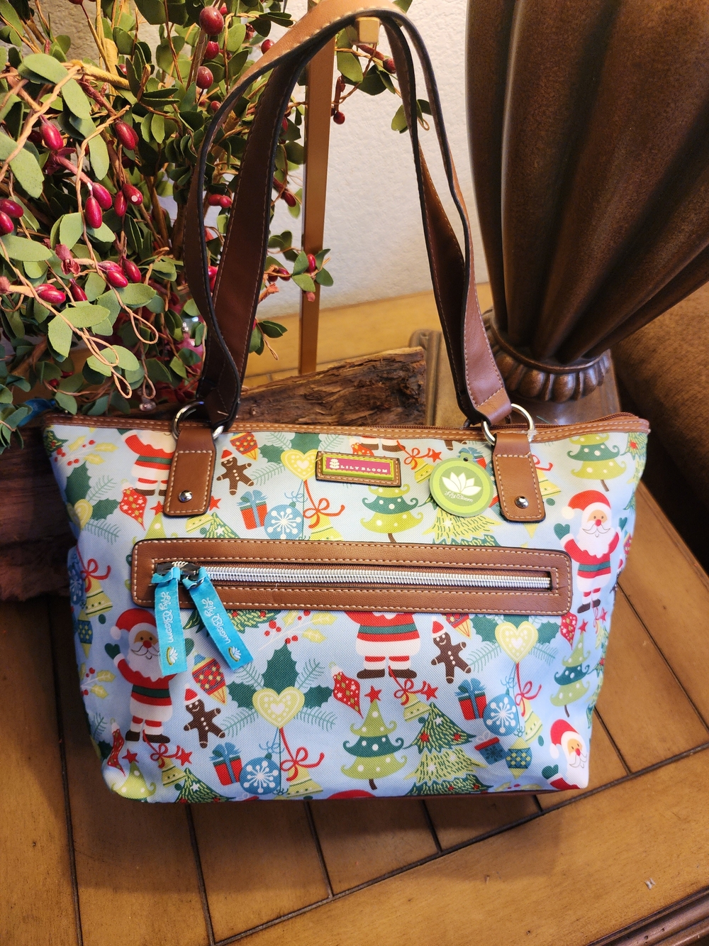 🎄NWT Lily Bloom Santa Tote Bag Holiday Eco Karma Canvas Green Red Blue